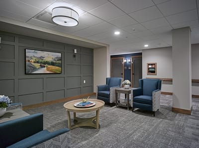 Common area with seating and artwork