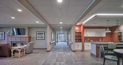 Interior hallway of a modern assisted living facility