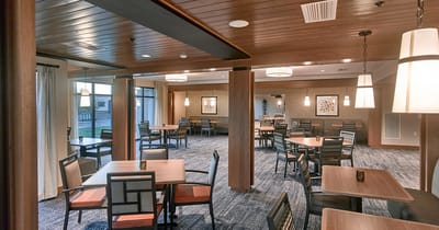 Interior view of the dining area with tables and chairs