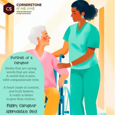 A caregiver smiling with an elderly resident