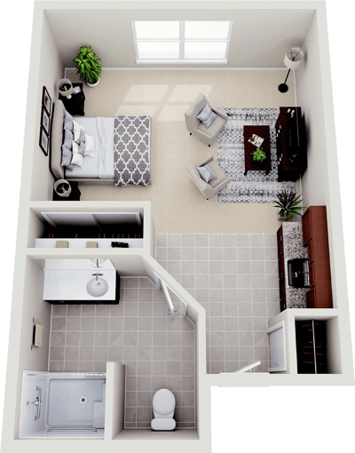 Aerial view of a model living space with furniture