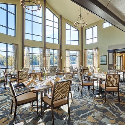 Bright and inviting dining area with large windows