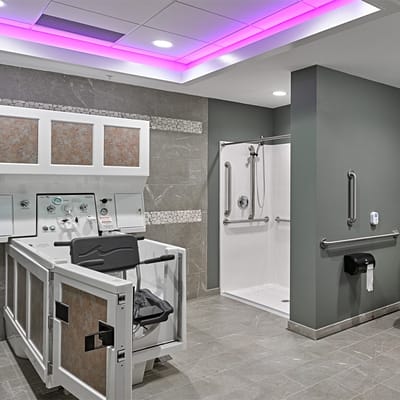 Interior view of a therapeutic bath area with modern fixtures