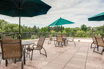 Outdoor seating area with umbrellas and greenery