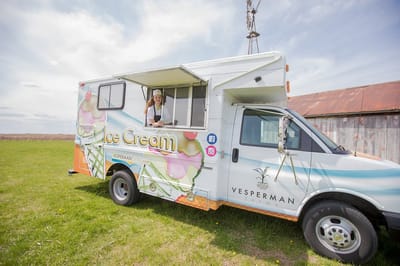 An ice cream truck parked in a grassy area with a vendor