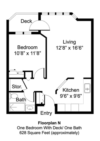 Architectural floor plan of a one-bedroom unit