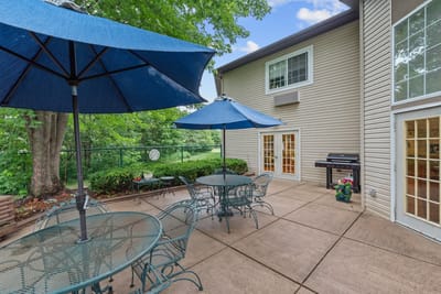 Outdoor patio seating area with umbrellas