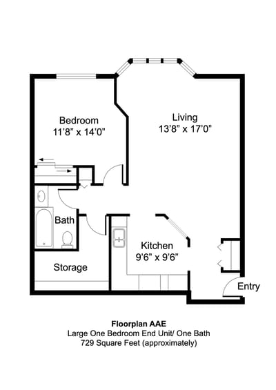 Architectural floor plan of a one-bedroom unit