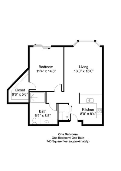 Architectural floor plan for a one-bedroom unit