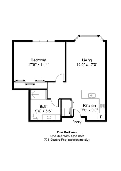 Architectural floor plan of a one-bedroom unit
