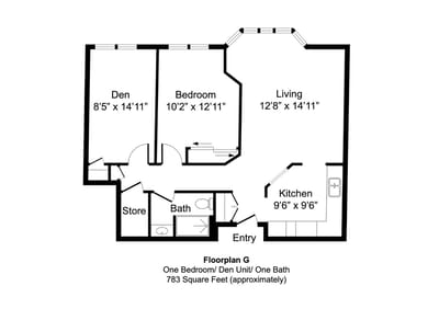 Architectural floor plan of a one-bedroom unit