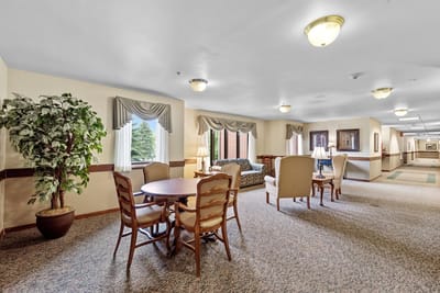 A comfortable common area with seating and decor