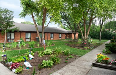 Beautifully landscaped garden area with walking path