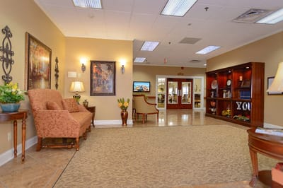 Interior view of a comfortable common area with seating