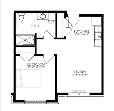 Architectural floor plan of a one-bedroom unit