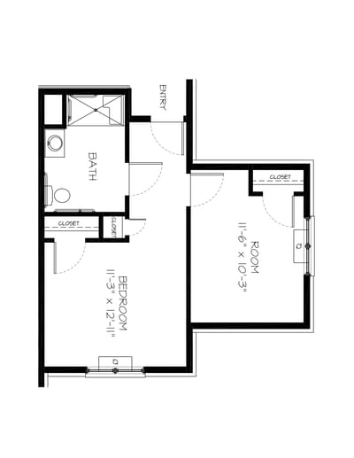 Architectural floor plan of a resident room layout