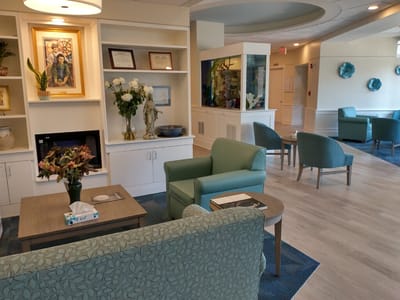 Bright common area with seating and decor