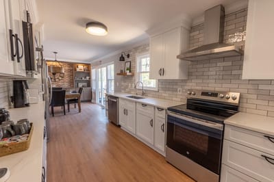 Modern kitchen with white cabinets and stainless steel appliances