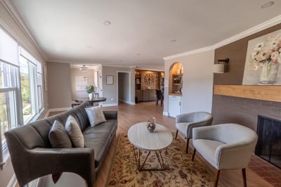 Bright interior common area with seating and decor