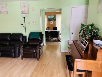 Interior view of a cozy common area in a senior living facility