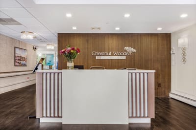 Reception area with flowers and branding
