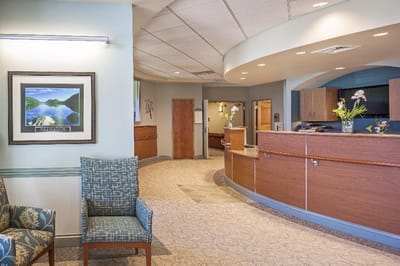 Interior view of a reception area with seating