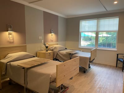Interior view of a resident room with two beds