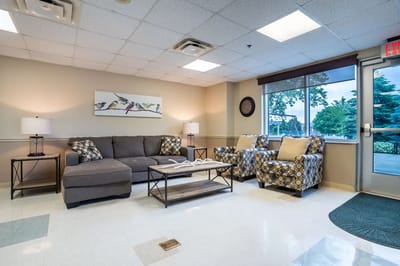 Interior view of a common area with seating