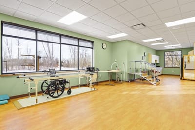 Bright rehabilitation room with therapy equipment