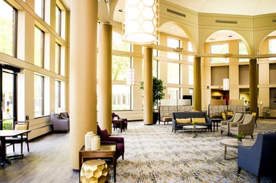 Bright and open lobby area with seating