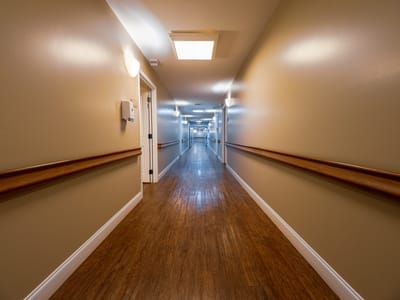 Long hallway view in a senior living facility