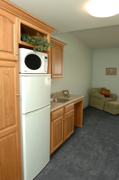 Interior view of a kitchenette in a resident room