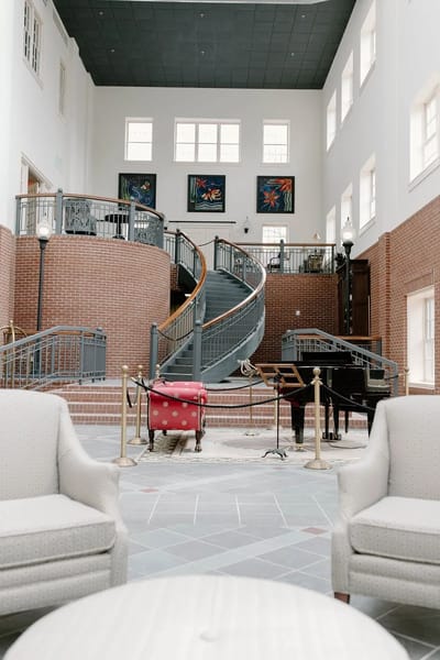 Interior view of a common area with a spiral staircase