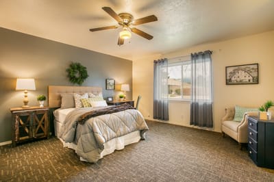 Bright private resident room with cozy decor