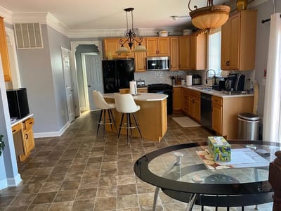 Bright kitchen area in a senior living apartment