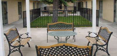 Outdoor seating area with benches and lawn