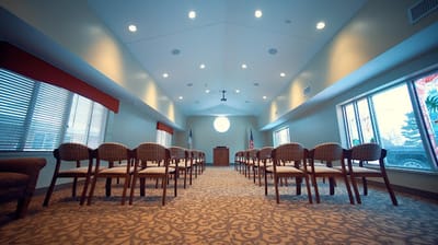 Interior view of a meeting room with chairs arranged.