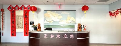 Reception area with decorations and artwork