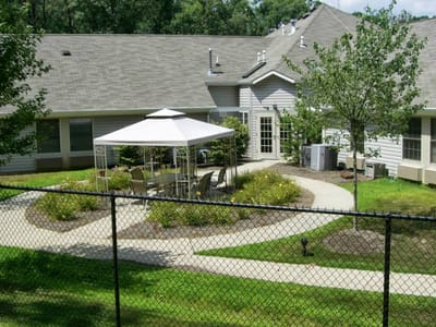 Outdoor patio area with a gazebo in the courtyard