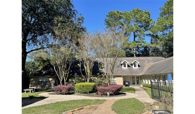 Outdoor area with landscaped gardens and building facade.