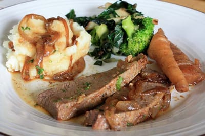 Plate of beef, mashed potatoes, and vegetables