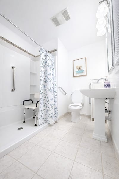 Bright, accessible bathroom with safety features