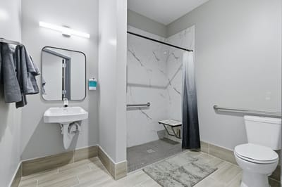 Accessible bathroom with shower and safety features