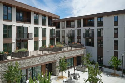 View of the outdoor courtyard area with seating.