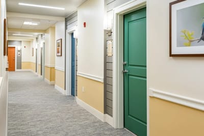 Interior hallway with resident doors and artwork