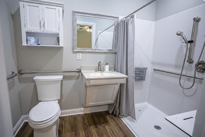 Bright, accessible bathroom in a senior living facility