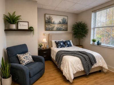 Cozy resident room with bed and chair