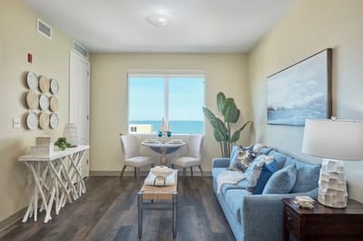 Bright interior of a resident living room with ocean view