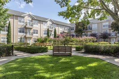 Exterior view of the facility's landscaped courtyard