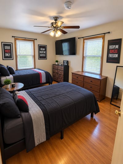 Brightly decorated twin bedroom in assisted living facility